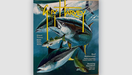 A Guy Harvey magazine cover for Spring 2022, featuring an illustrated image of swimming tuna.