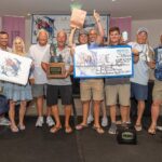 Team Wolverine standing at an awards ceremony holding their prized check, trophies and other awards.