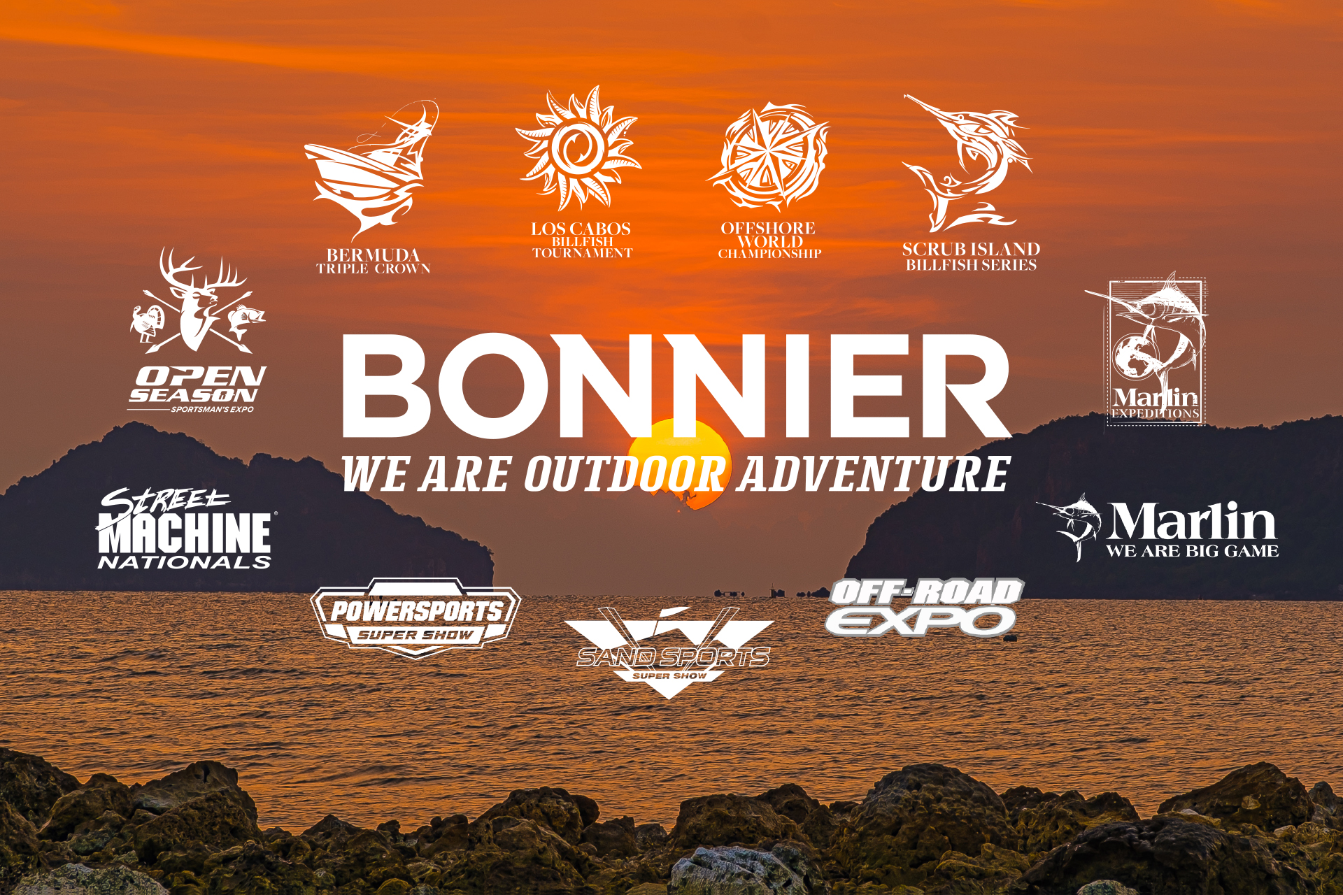 The Bonnier logo overlayed a sunset on the ocean and surrounded by brand logos in its portfolio: Marlin, Marlin Expeditions, Bermuda Triple Crown, Los Cabos Billfish Tournament, Offshore World Championship, Scrub Island Billfish Series, Open Season Sportsman's Expo, Street Machine Nationals, Powersports Super Show, Sand Sports Super Show, Off-Road Expo.