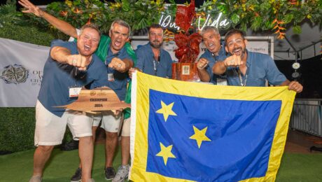 The first place team of the 2024 Costa Offshore World championship celebrating at the awards ceremony.