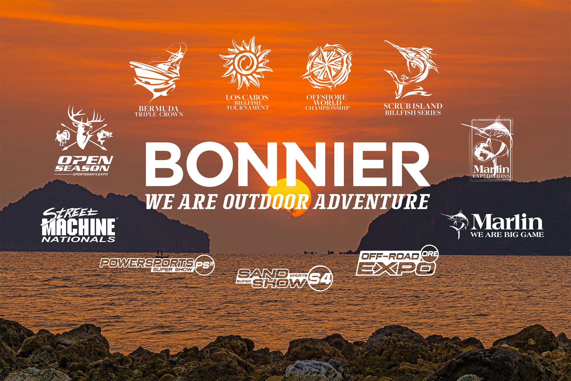Bonnier. We are outdoor adventure. The Bonnier logo and brands overlaid an image of a sun setting on the ocean's horizon.
